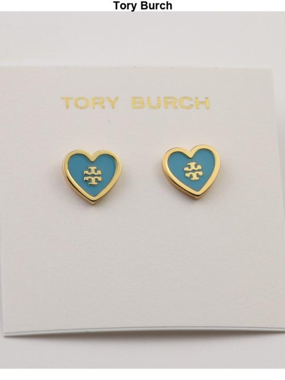Tory Burch Gold-Tone Blue Heart Logo Stud Earrings